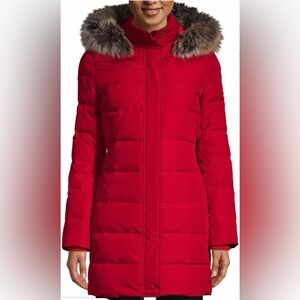 Lands' End Red Puffer Jacket with Faux Fur Hood
